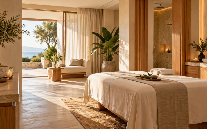 Không gian spa với ánh đèn dịu và cây xanh